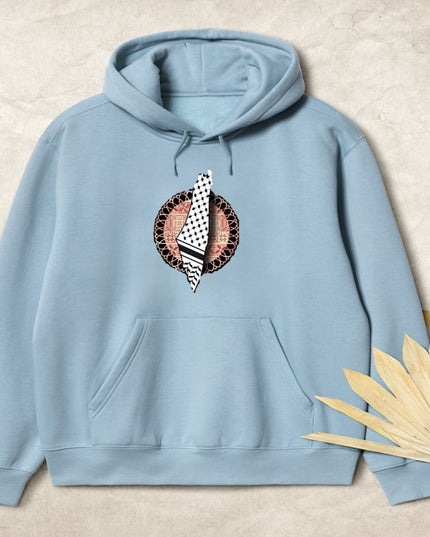 Blue Hoodie with Palestine-Map-Kufeya design